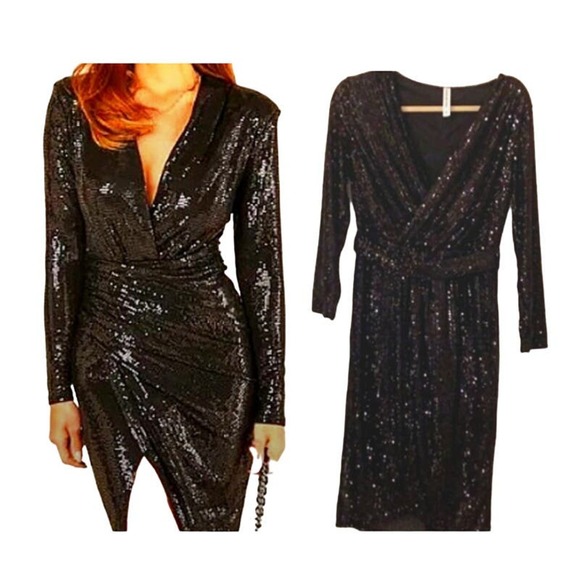 TICKLED TEAL Sequins Wrap Dress Sz S BLACK V-neck V Front Shiny Cocktail Party - Picture 1 of 16
